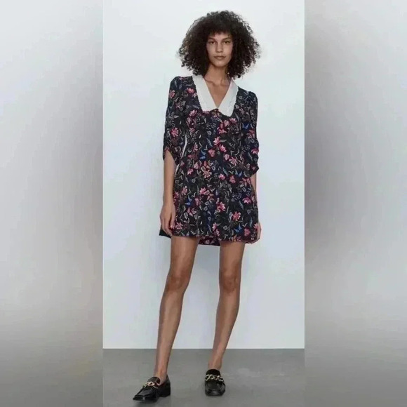 Zara Embroidered Collar Print Dress xxs - Picture 1 of 16